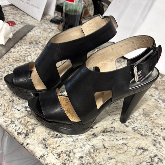Michael Kors Black Leather Heels with Cross-Strap Design - Picture 1 of 10